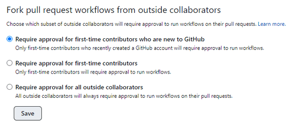 GitHubのプロジェクトスクリーンショット　リポジトリの「Settings」→「Actions」→「Fork pull request workflows from outside collaborators」