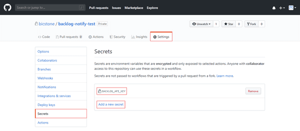 GitHubのプロジェクトスクリーンショット　リポジトリの「Settings」→「Secrets」→「Add a new secret」 を選択して、 BACKLOG_API_KEY を追加する