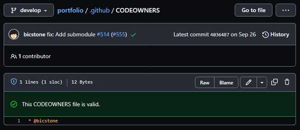 CODEOWNERS を GitHub で開いたスクリーンショット。 "This CODEOWNERS file is valid." と表示されている。